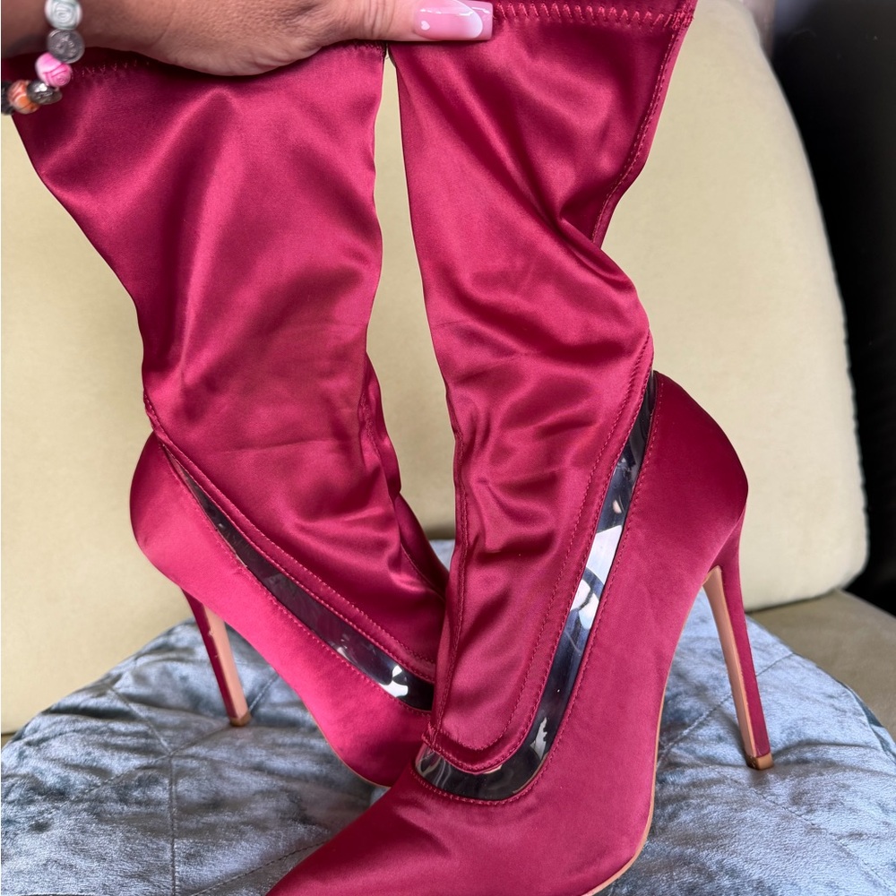 Women's Satin Burgundy Stiletto Boots